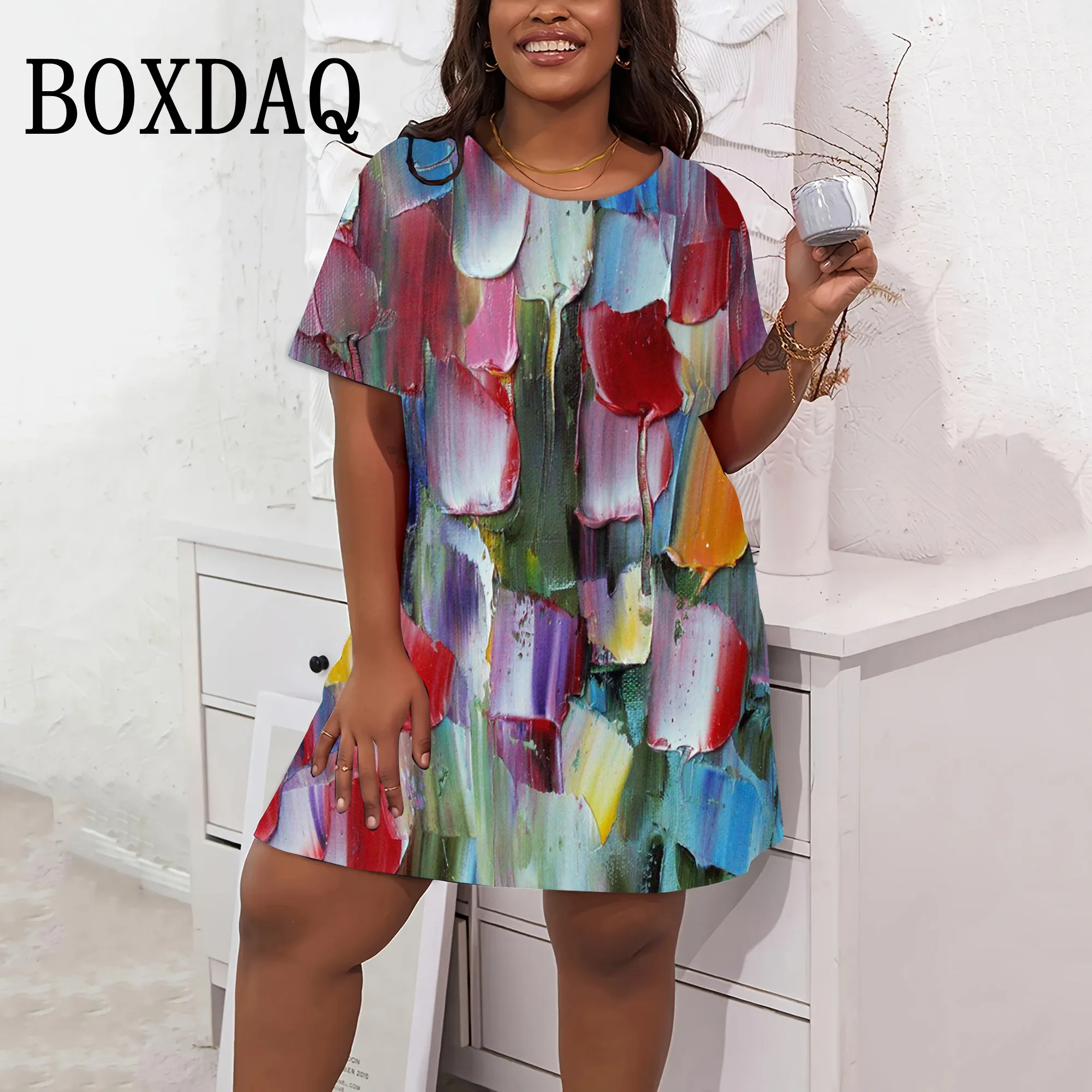 Tie Dyed Printed Dresses For Women Summer O-Neck Female Clothing Fashion New Short Sleeve Dress Streetwear Retro Plus Size 9XL