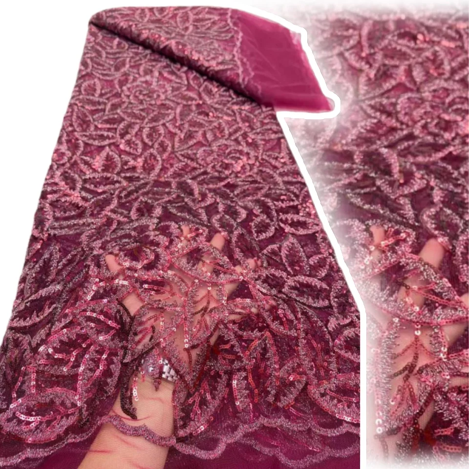 African Sequins Embroidery Lace Fabric 2025 High Quality Lace 5Yards Pink French Lace Fabric Nigerian Fabrics Party SZ1668