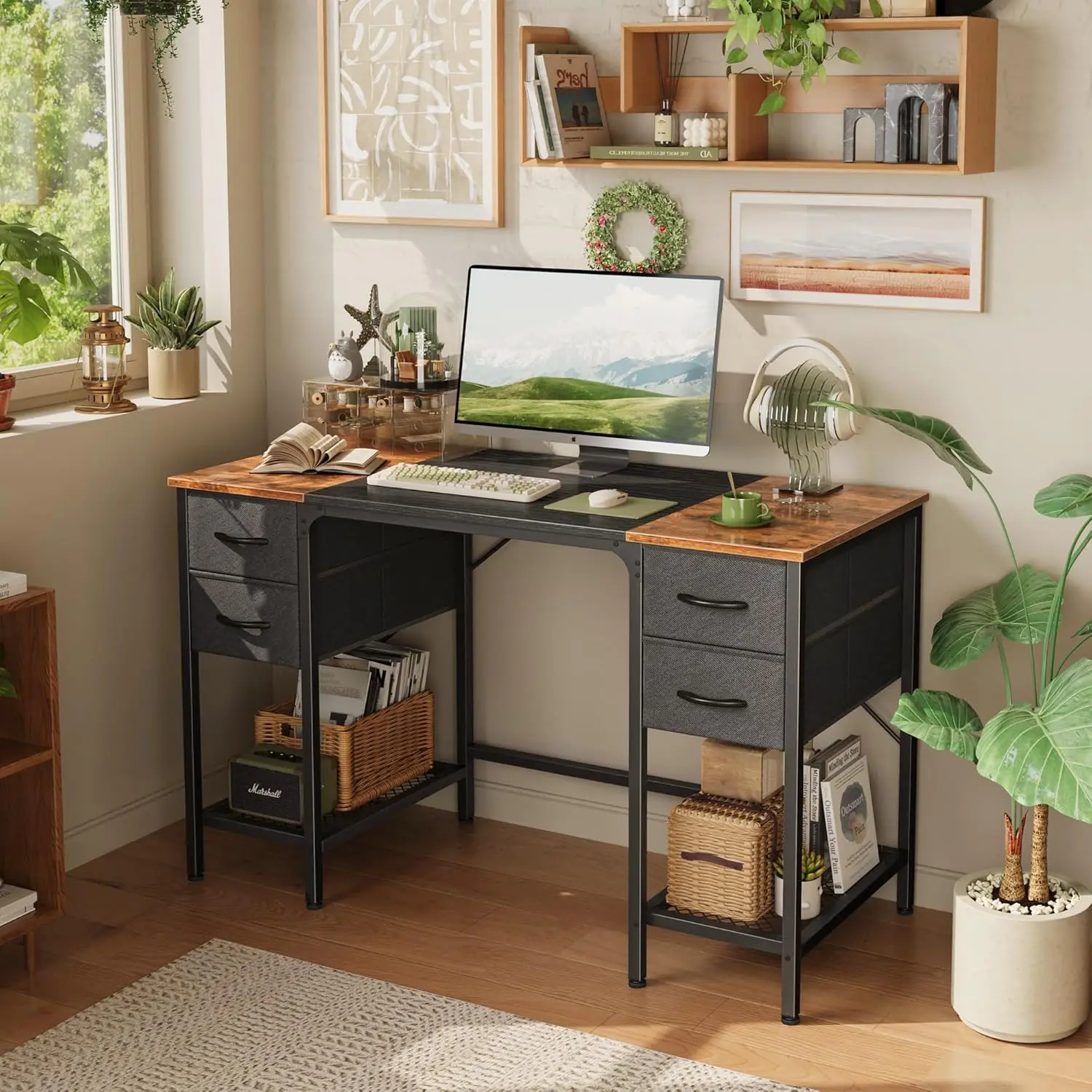 47 Inch Computer Desk with 4 Drawers, Office Desk with Mesh Shelf, Gaming Desk, Large Storage, Writing Work Desk for Home Office