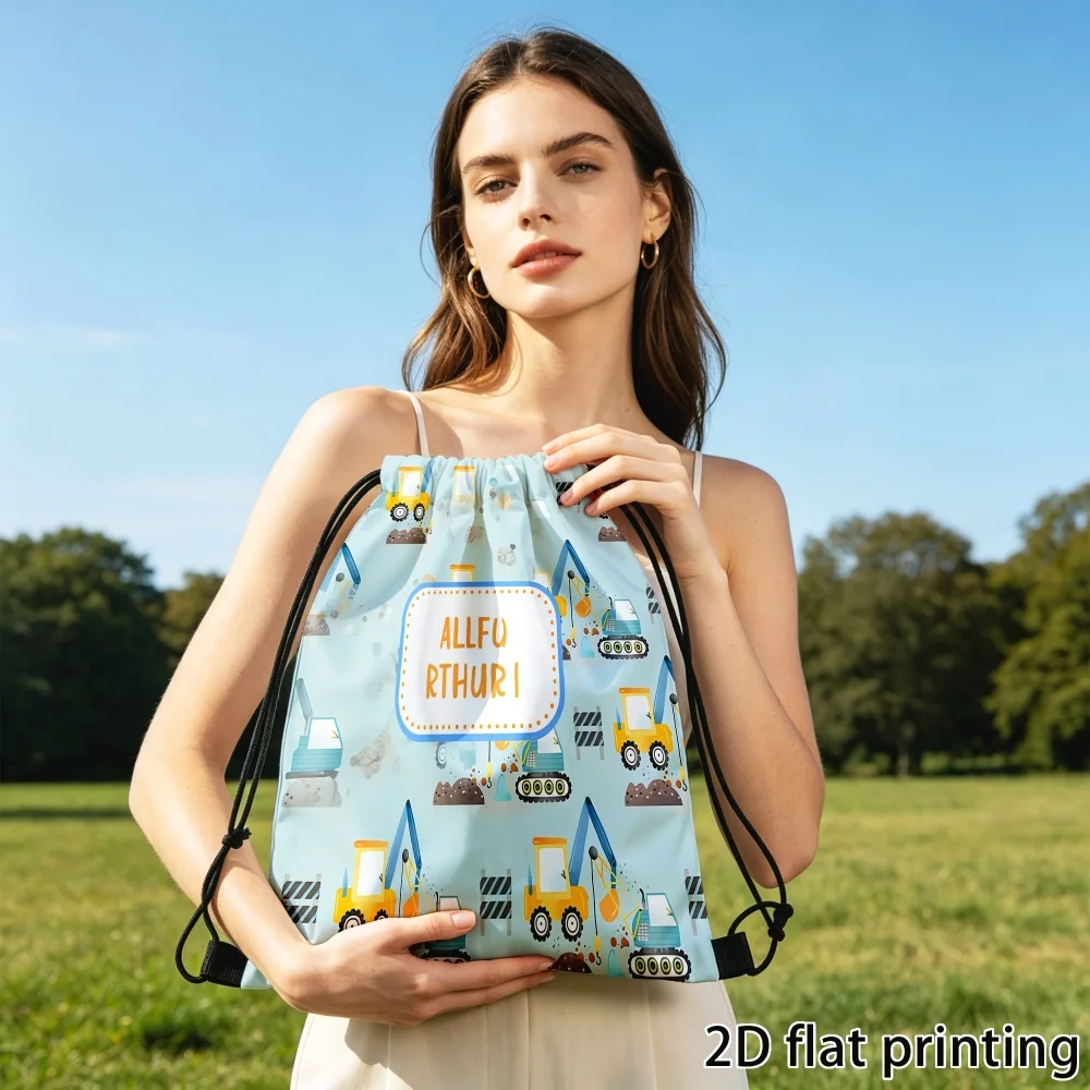 1Pc Custom Name/Text Drawstring Backpack, Playful Engineering Excavator Truck Design Lightweight Sport Bags, Gym Storage Bag