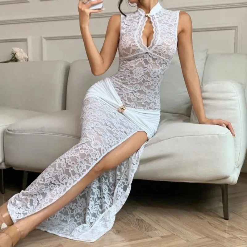 Vestido Sexy de moda de corte bajo con encaje calado y abertura larga empalmado plisado ajustado a la cadera vestido sin mangas de verano americano para mujer