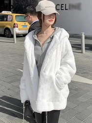 Lautaro White Warm Oversize Faux Fur Sweatshirt Hood Long Sleeve Zipper Winter Clothes Fluffy Jackets for Women 2021 Streetwear