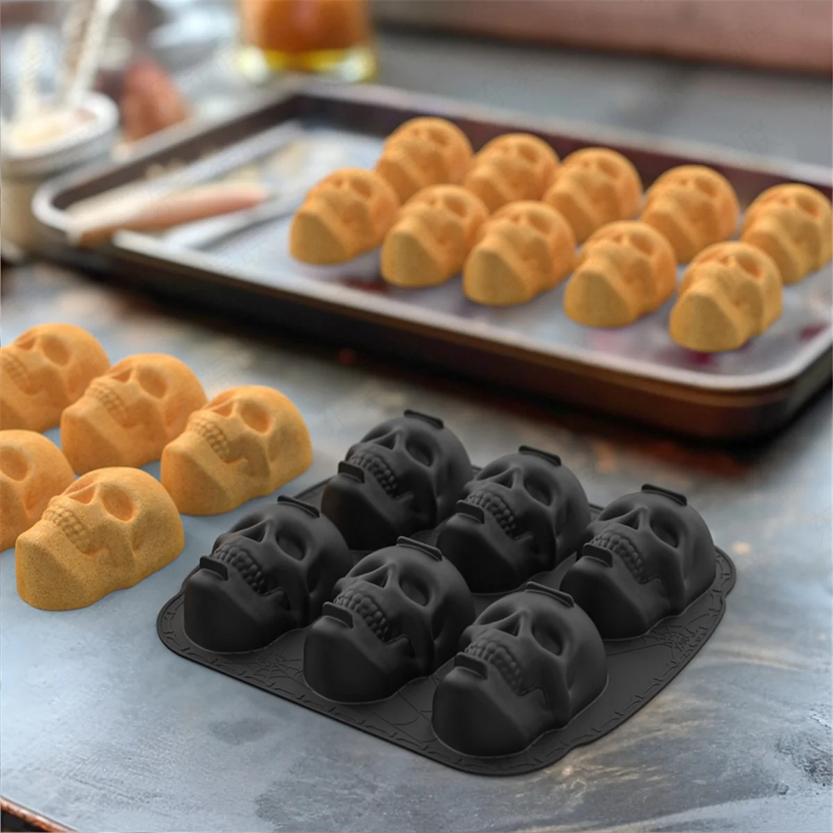 Silicone Skull Cake Pan, 6 cavidades, 3D Baking Mold, preto, Halloween