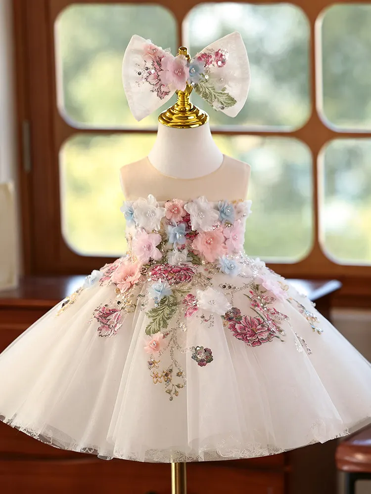 

Fancy Handmade Flower Tulle Princess Dresses For Baby Girls With Pearls Bow Sweet Short Dresses For Wedding Birthday Party