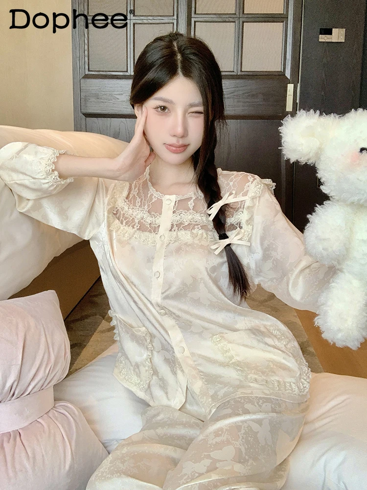 

2025 New Ice Silk Pajamas for Women Spring Lace Long Sleeve Two-Piece Set High-End Feel Suitable for Outerwear and Homewear