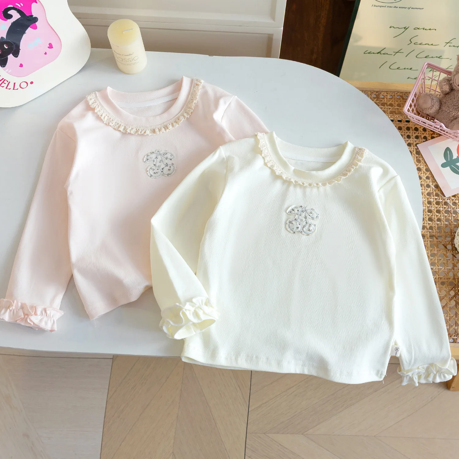 Girls Lace Round Neck Undershirt Spring Fall Korean Cotton Long Sleeve T Shirt Baby Girl Stylish Ruffled Top
