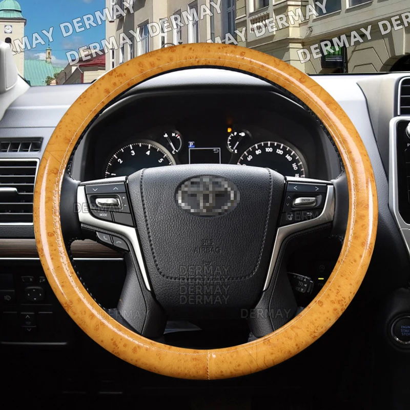 도요타 랜드 크루저 프라도 FJ 크루저 자동차 핸들 커버, 미끄럼 방지 마호가니 우드 그레인 PU 가죽 자동차 액세서리