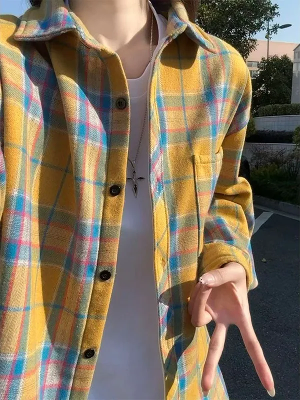 

Мужская фланелевая рубашка в американском ретро-стиле в клетку, свободного кроя, большого размера, с длинным рукавом, весенняя, для многослойных образов, с воротником, модная