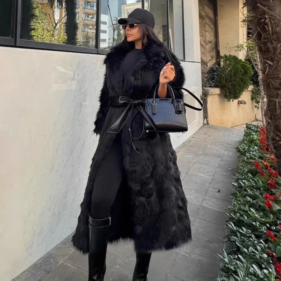 

2026 Autumn Winter New Women Black Imitated Fox Fur Leather Long Coat Loose High End Sense Warm Fur Collar