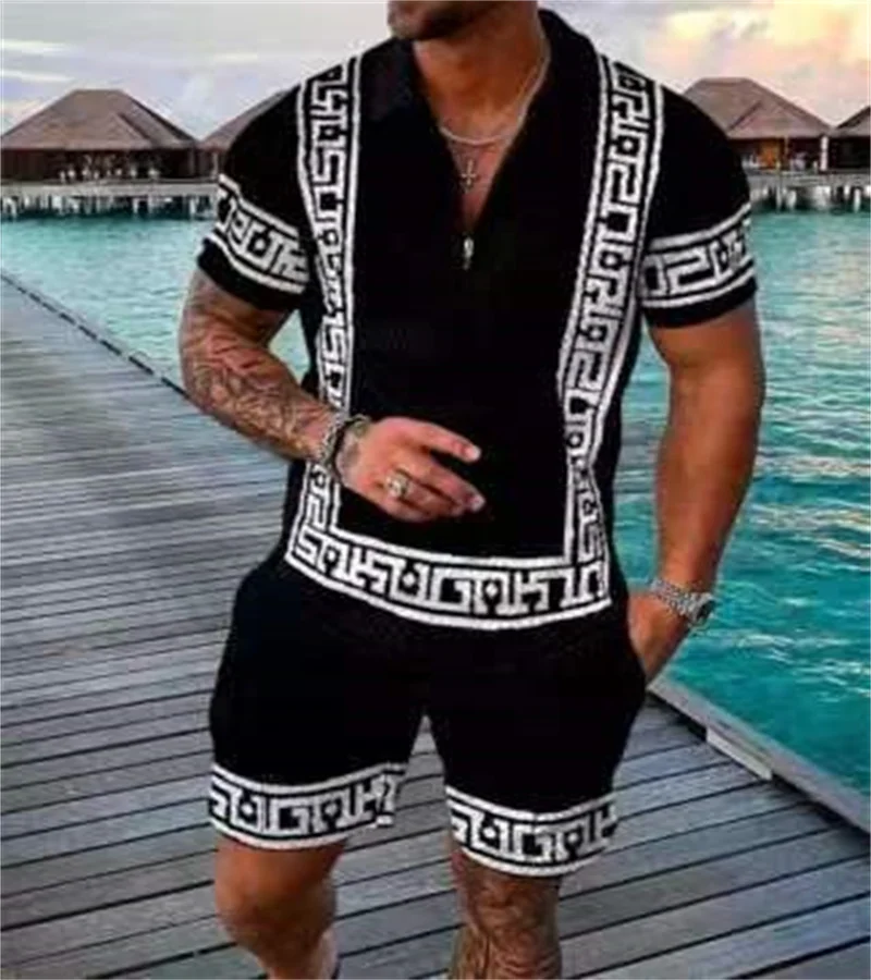 2024 Summer New style Men\'s Striped Digital Printed T-shirt Two-piece Sports Fitness polo Casual Men\'s Suit