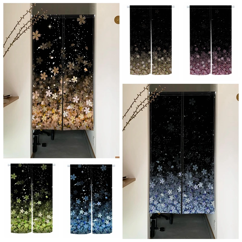 Gradient Noren Door Curtains Starry Night Cherry Blossom Multi Tone Linen Doorway Curtains Home Decor Room Divider Half Curtains