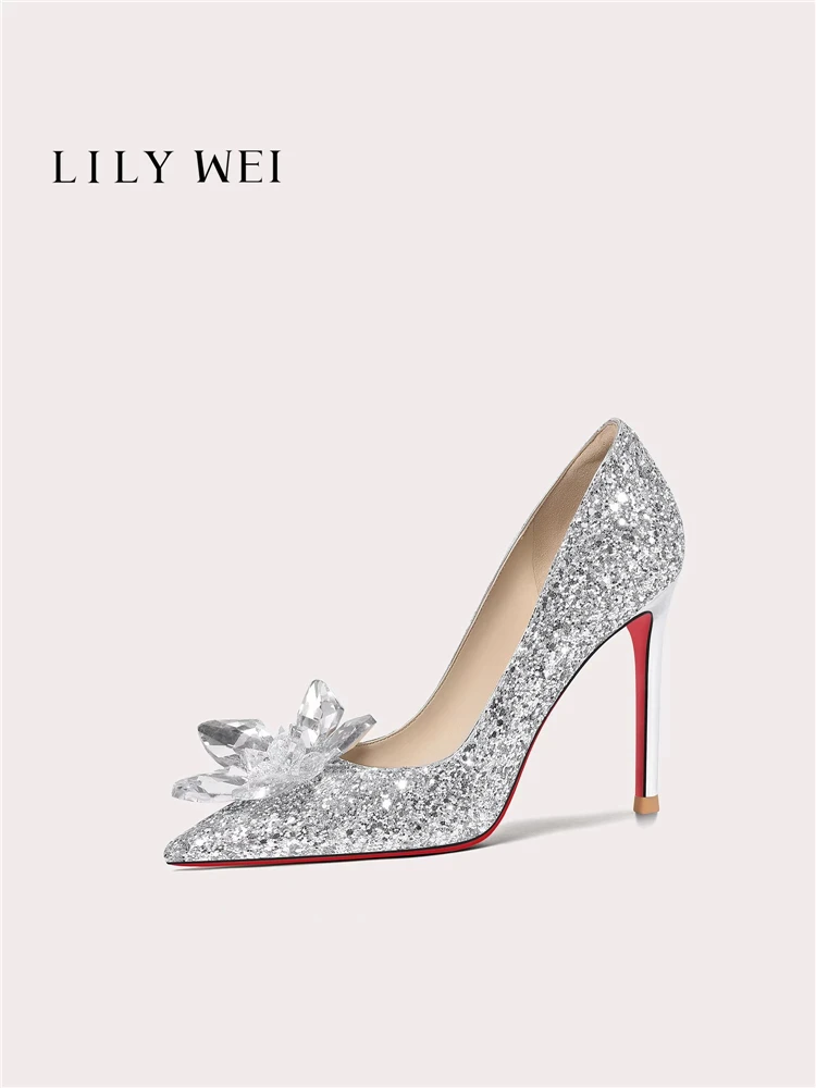 

Новые весенние туфли на шпильке с острым носком, украшенные блестками и кристаллами, для свадьбы и банкета, большие и маленькие размеры, расширенная модель, женские туфли на высоком каблуке.