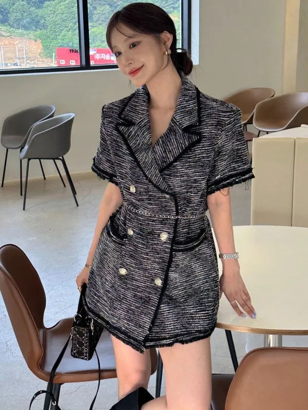 Zomer Nieuwe Sle vrouwen Dr Dubbele Rij Knop Grof Tweed Geweven ort Rok Gemengde Kleur Hoge Faion Sensation Pendelen Sle