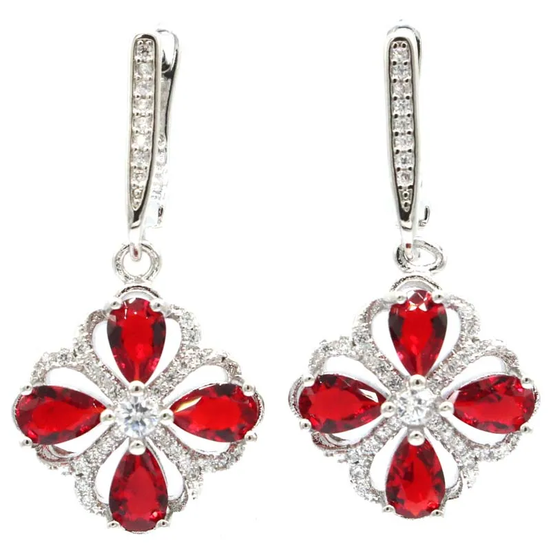 

Buy 5 Get 1 Free 33x17mm Pretty Red Blood Ruby White CZ Ladies Wedding Silver Earrings