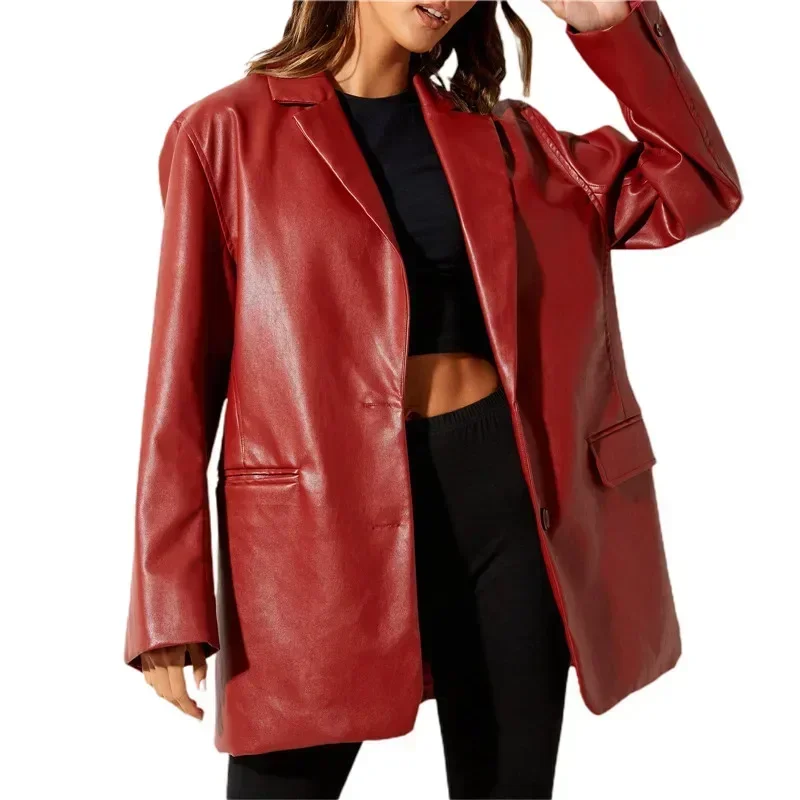 Ladies Vintage Faux PU Leather Blazer Women Jacket Coat Long Sleeve Flap Pockets Streetwear Female Veste Femme