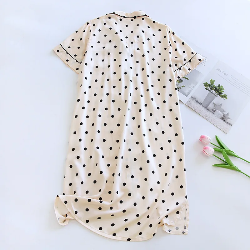 Cotton Viscose Dots Printed Sleepwear Summer Shirt Dress for Women Short Sleeved Pajama Nightdress Comfortable Home Clothing