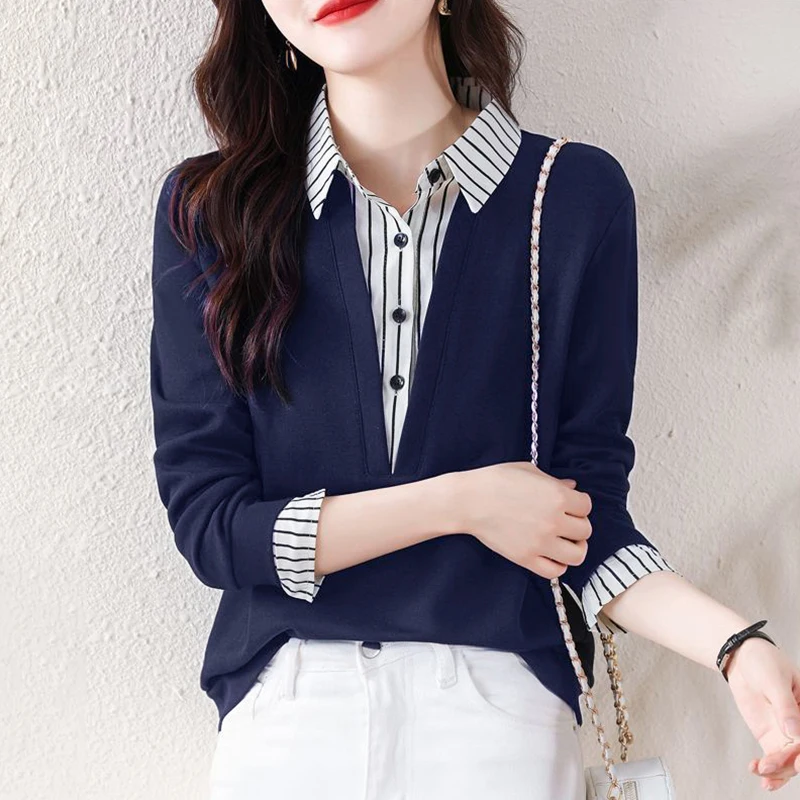 Modern Lair Style Color Long-sleeved Long-sleeved Shirt Women Spring Autumn Big-size Ner T-Shirt TS2925