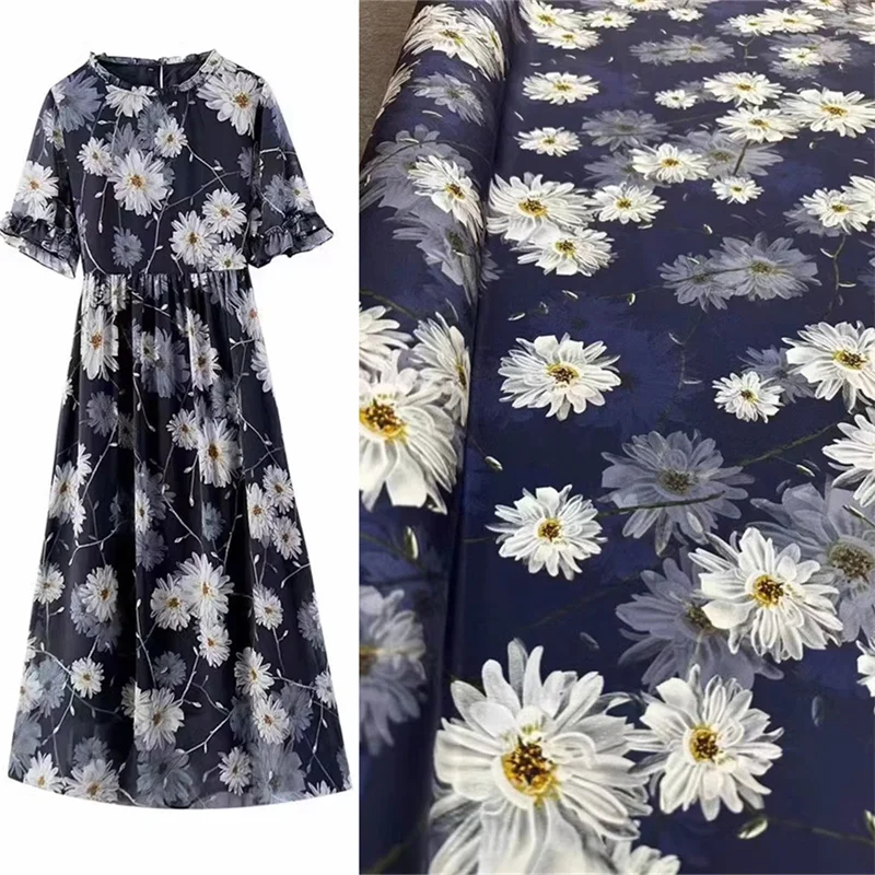 Chrysanthemum Digital Spray Printing 30 Mm Elastic Heavy Crepe High End Dress Clothing DIY Silk Fabric Designer Satin Material