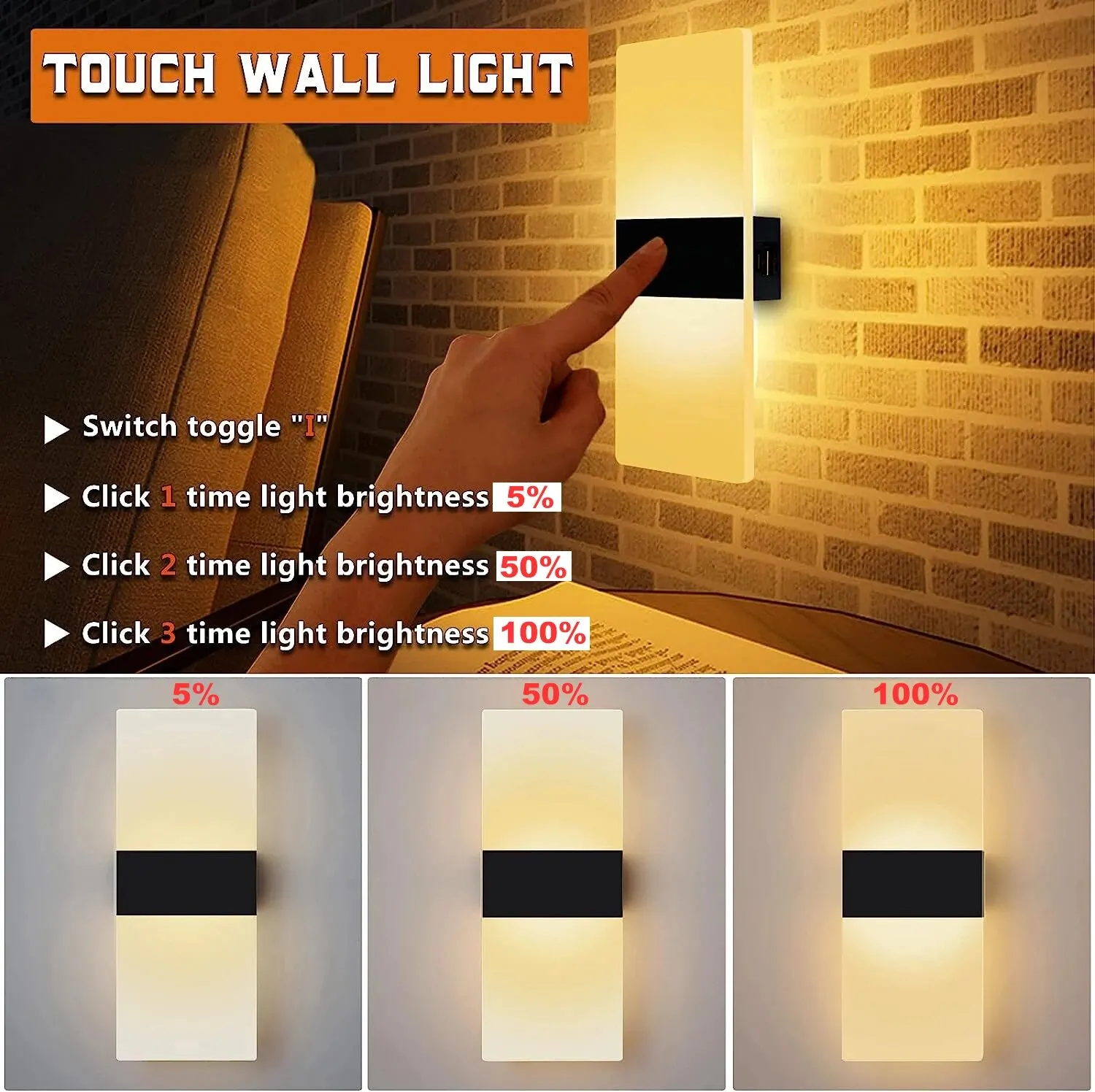 2 PCS Nordic Rechargeable Wall Lamp Touch Switch 3 Types of Brightness Acrylic Night Lights 3600mah Battery For Bedroom Bedside