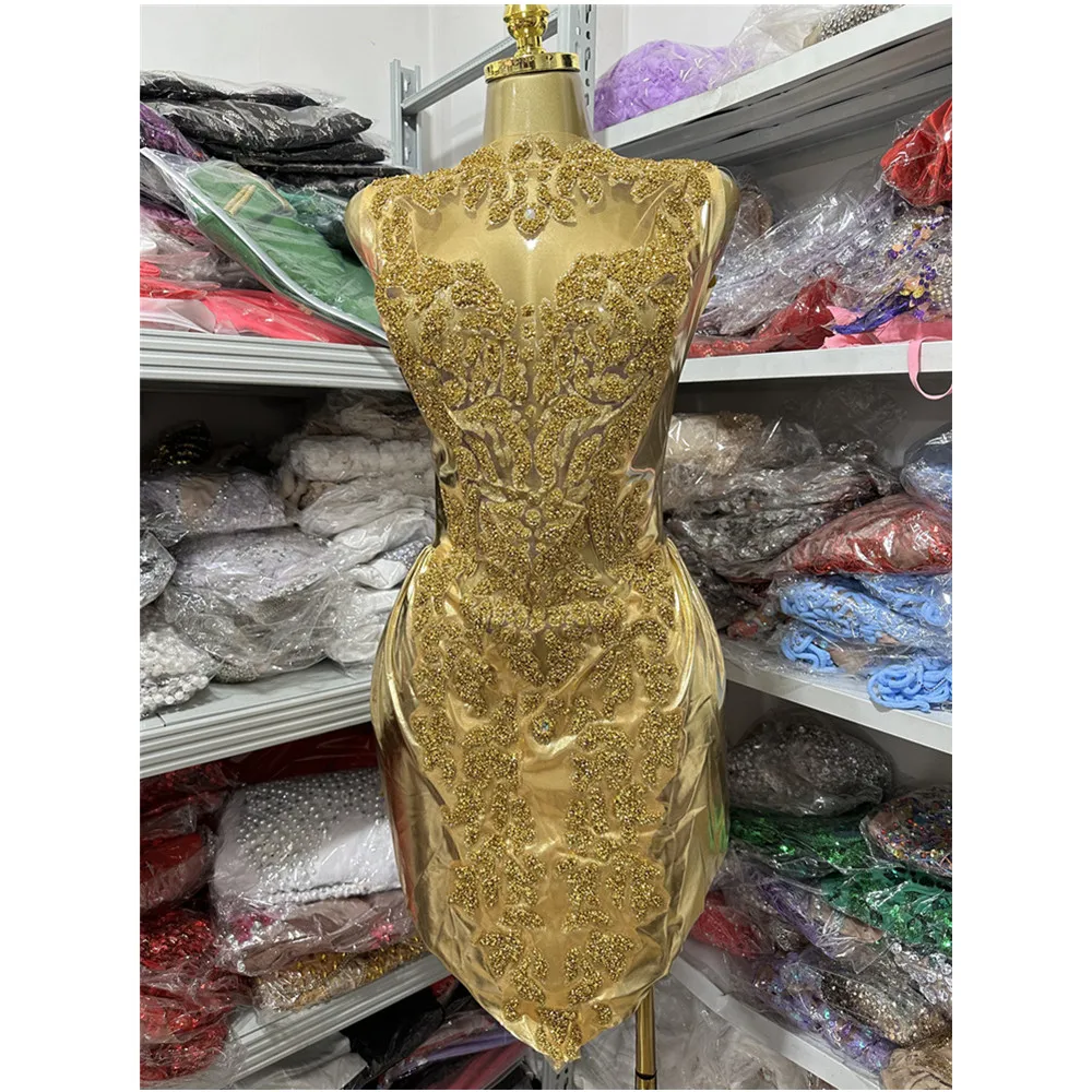 Minivestido ceñido al cuerpo con retales de cuero y malla con cuentas de diamantes dorados para mujer, vestidos de Gala coreanos para fiesta y Club nocturno de celebridad