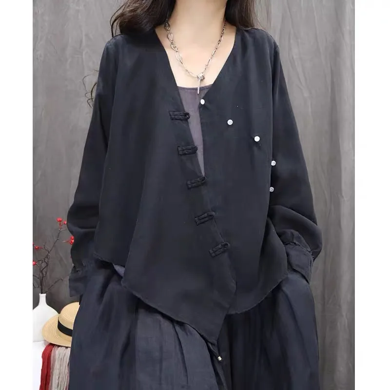 

Retro Cotton Linen Color Long Sleeve Casual Versatile Women's Open Cardigan Fall New Style Loose Fit Artistic Shirt