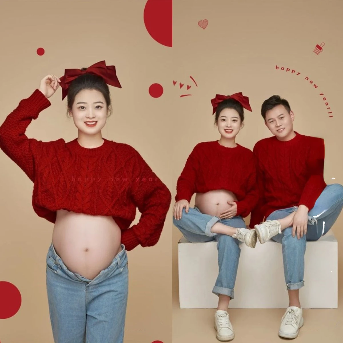 Couples pregnant women China New Year photo clothing  cute little fresh red sweater new studio big belly art photo clothes