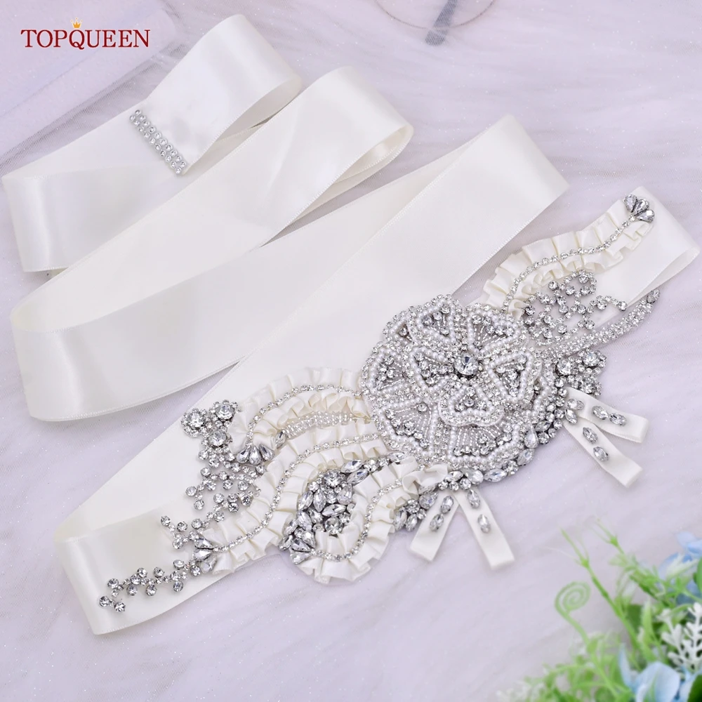 TOPQUEEN S61 Creative Rhinestone Women'S Luxury Brand Belt Handmade Pearl Crystal Ivory Ribbon Fancy Sash Bridal Wedding Accesso