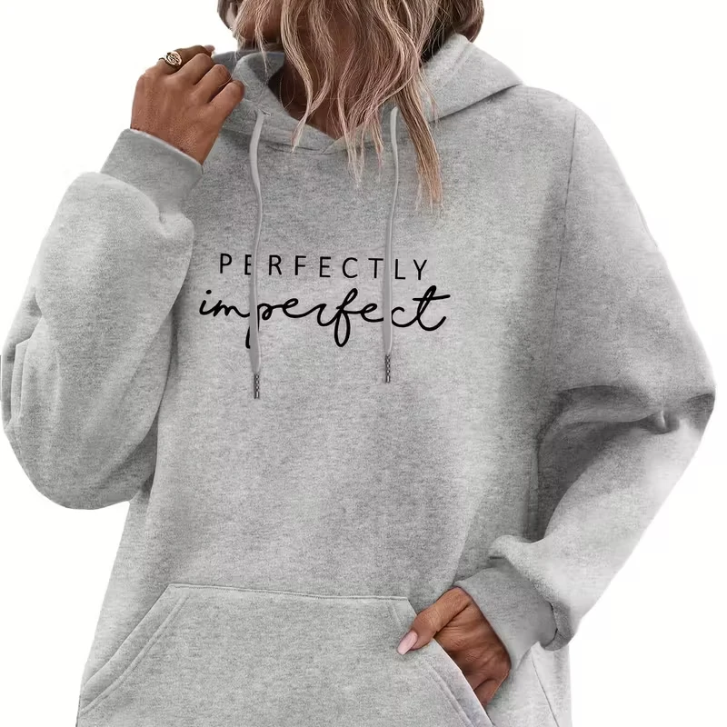 سويت شيرت نسائي بغطاء للرأس مطبوع عليه حروف مع جيوب الكنغر، غطاء رأس كاجوال برباط بأكمام طويلة، نسخة سميكة #1