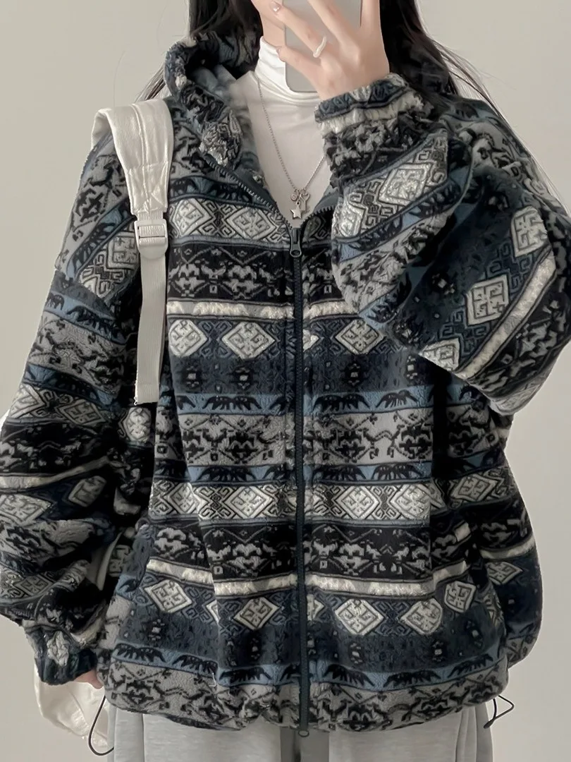 

Ретро Fair Isle Fce на подкладке с двойной молнией и капюшоном, женский шикарный зимний топ Lazy Sle, китайский бренд ex Cotton Jaet