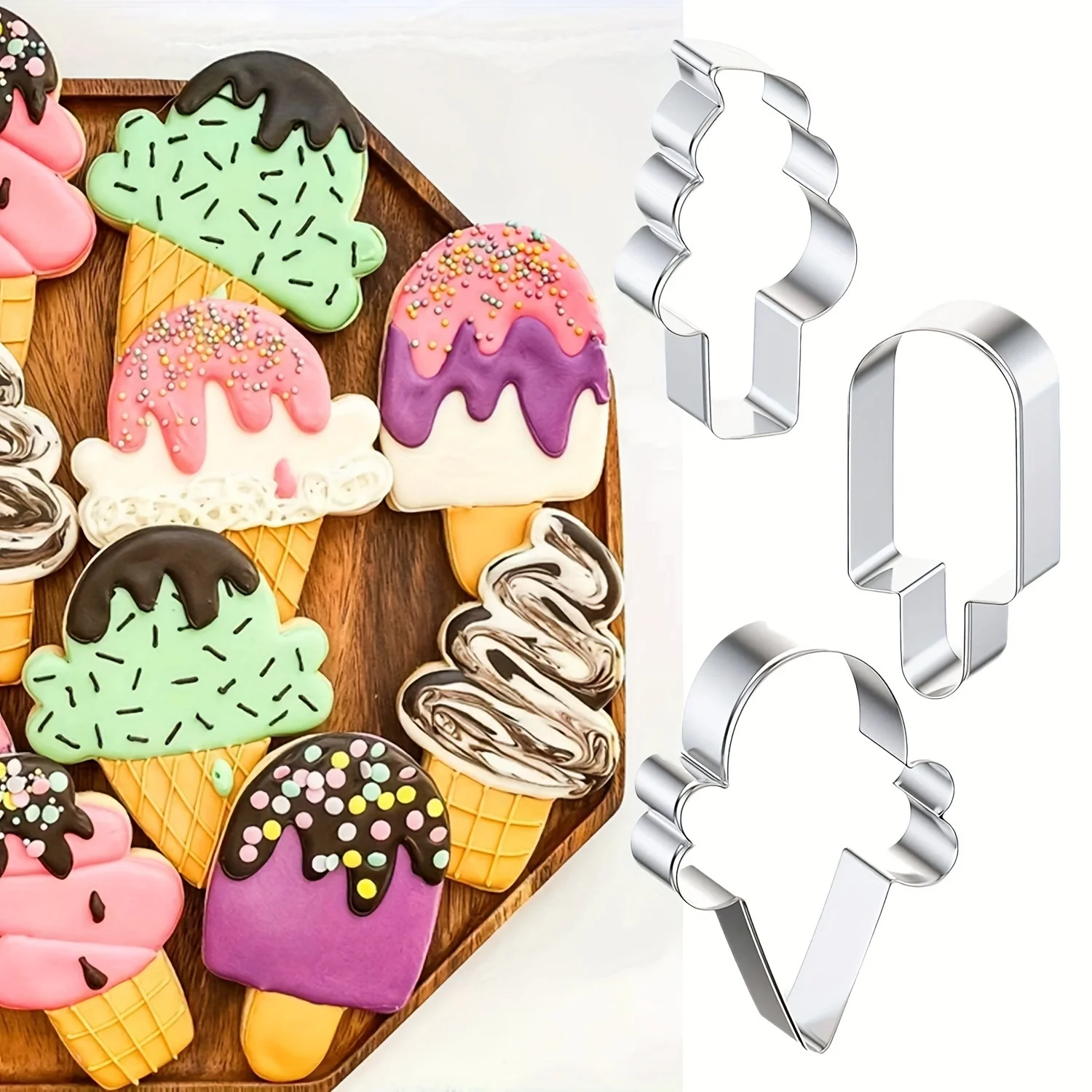 3 Stück, eiscremeförmige Ausstechformen, Edelstahl-Gebäckschneider-Set, Keksformen, Backwerkzeuge, Küchenzubehör