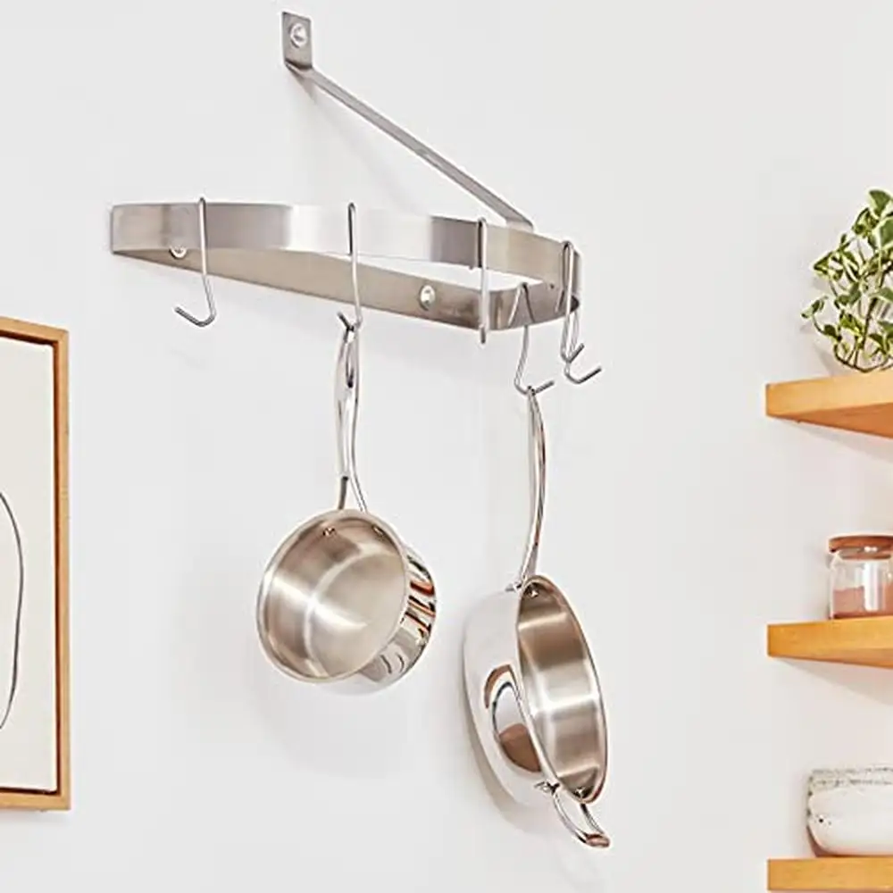 Brushed Stainless Steel Wall-Mount Pot Rack with Angled Hooks and Hardware