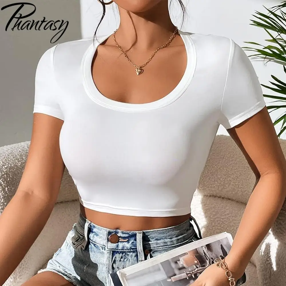 

Phantasy O Neck Short T Shirt Y2K Women White Tops Tight Fitting Casual Tees Sexy Navel Exposed Summer Streetwear Female Wear