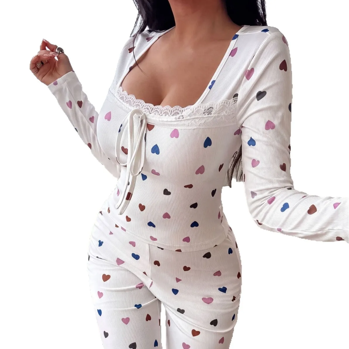 American-Style Spring and Autumn New Women's Fashion Pajamas, Comfortable Lace Homewear, Ribbed Long-Sleeve Top and Pants Set 5