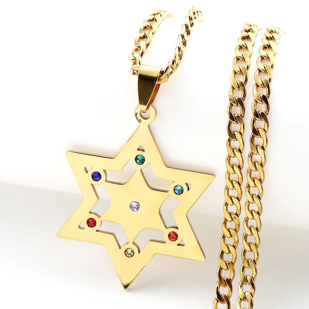 7 Chakra Colorful Rhinestones Star of David Pendant Necklace for Women Men Stainless Steel Gold Color Jewish Amulet Jewelry