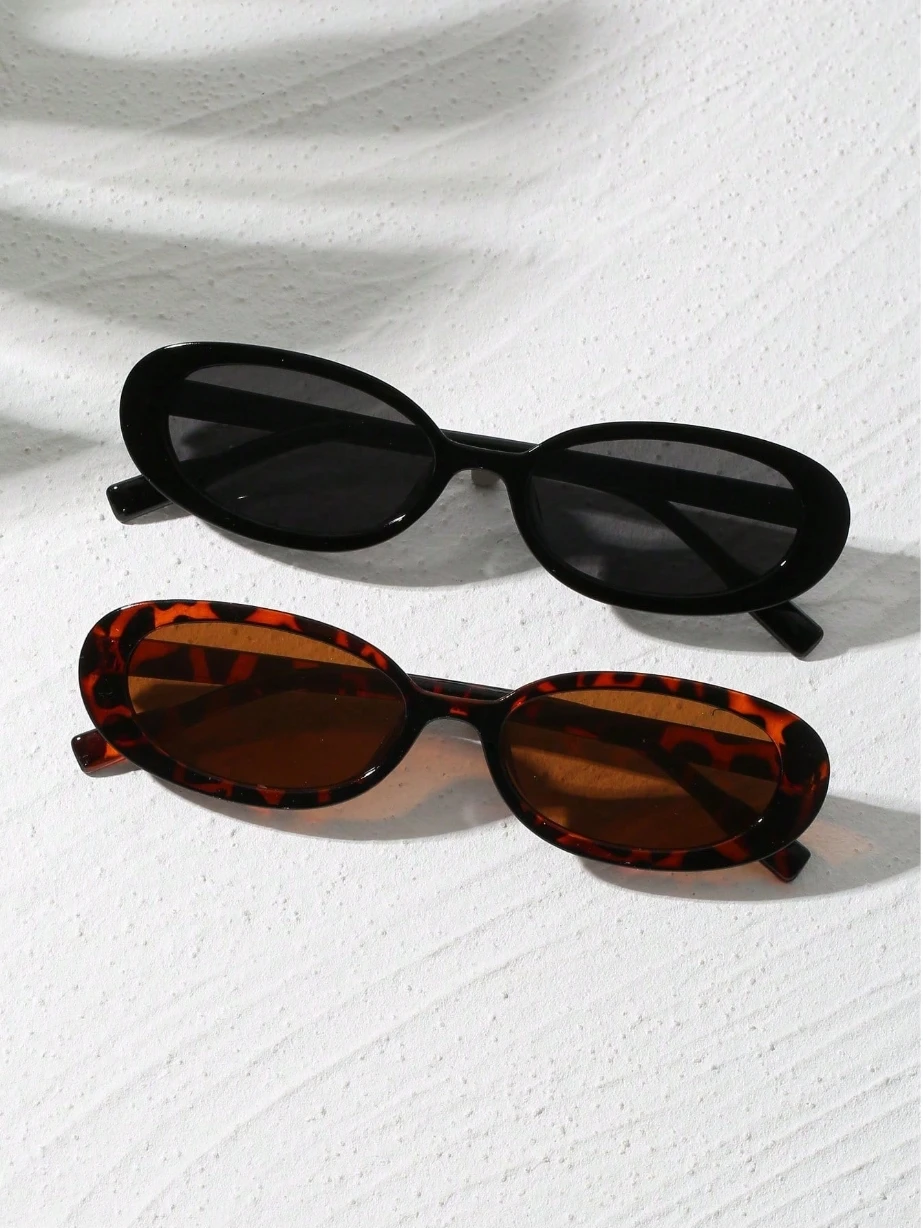 2pcs Vintage Small Frame Oval Shaped Plastic Sunglasses Outdoor Travel Beach Holiday UV Protection Fashionable Shade Travel