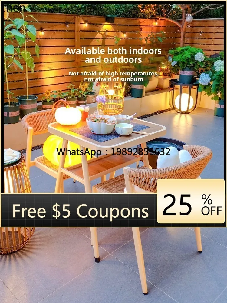 9Balcony Table and Chair Set for Small Apartments, Simple and Casual Design, Sunshade Tea Table,  Rattan Chair Three-Piece Set