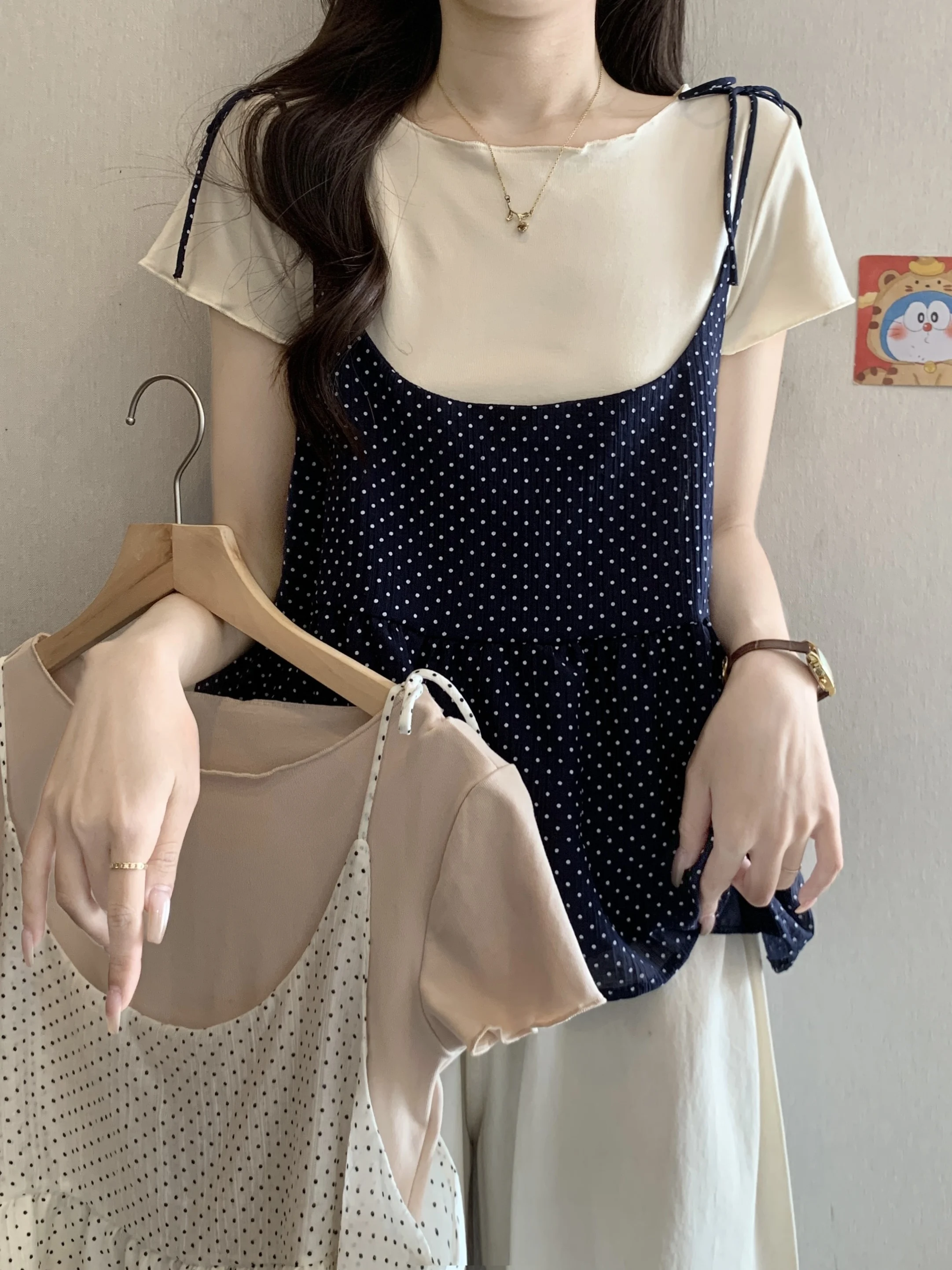 

Women's Summer 2026 Polka Dot Strap Short Sleeve T-Shirt Set plus Size Slimming Versatile Two-Piece Suit Breathable Comfortable