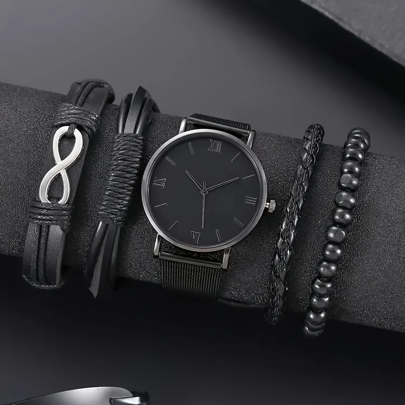 5pcs/set, Men\'s Quartz Watch With Stainless Steel Strap & 4pcs Jewelry Set – Perfect Casual Gift