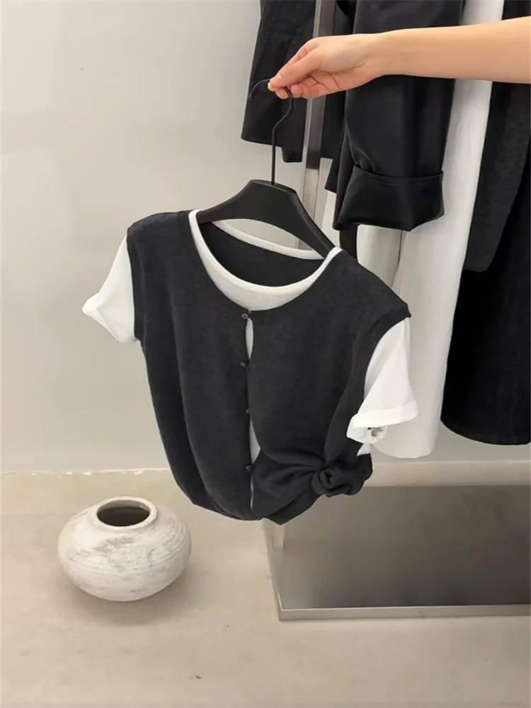 

Очень большой вязаный кардиган-жилет унисекс с круглым вырезом и имитацией двухслойности, весна-осень, дизайн 300 Pou Design Sense