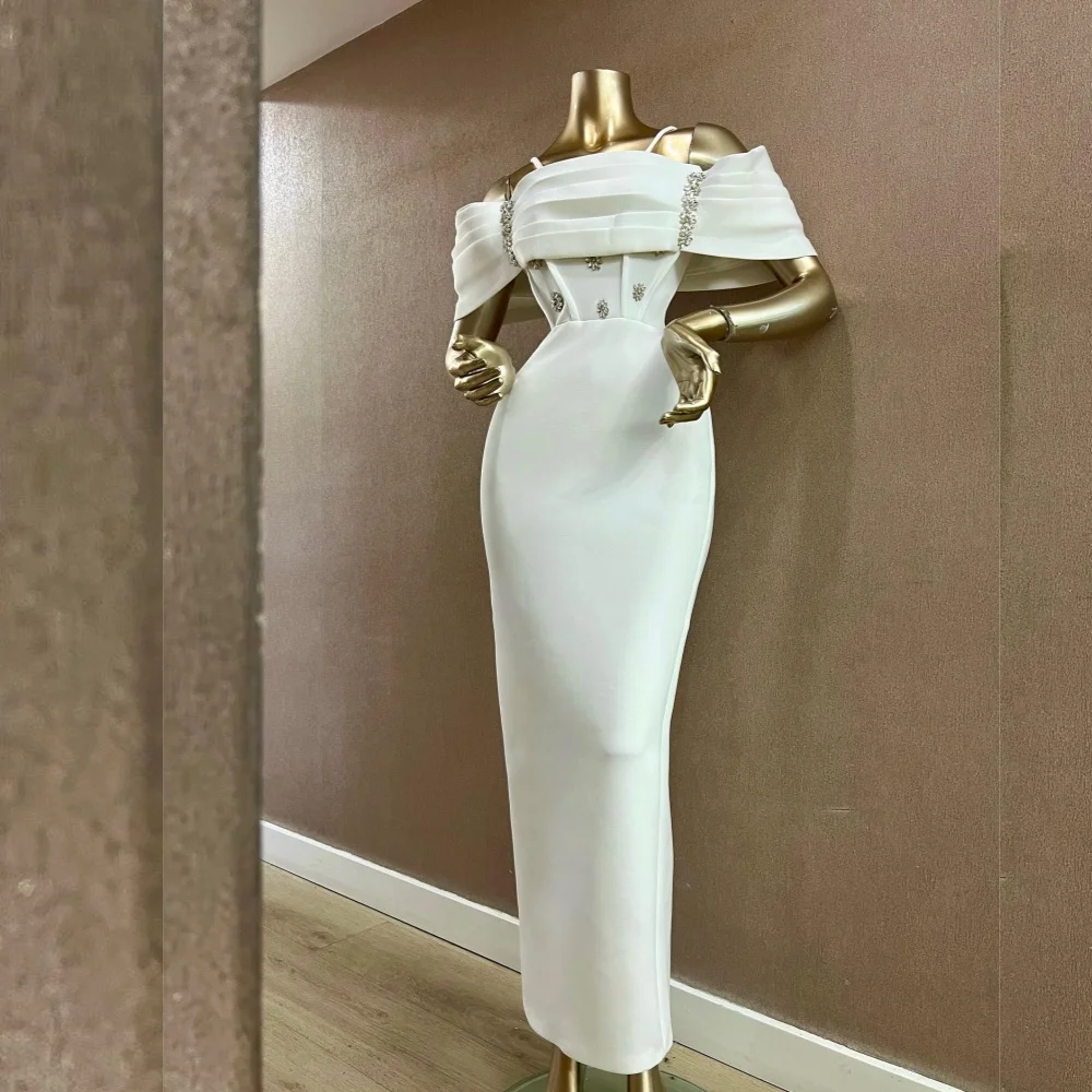 

Customized Jersey Pleat Rhinestone Off-the-shoulder Straight Midi Dresses Bespoke Occasion Women's Evening Elegant Party Wedding