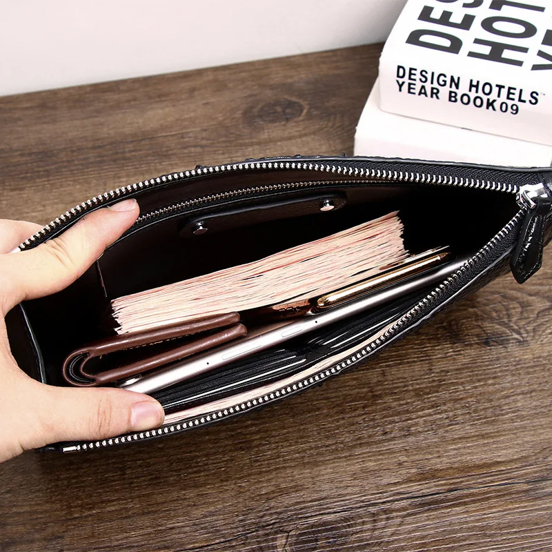 New Crocodile Pattern Genuine Leather Business Handbag Large Capacity Envelope Multi Functional Clip Bag Trendy Stylemale Wallet