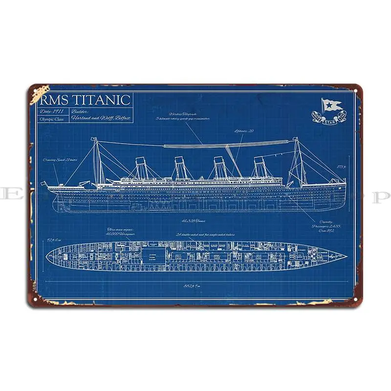 Rms Titanic Blueprint Metal Plaque Classic Party Kitchen Pub Designer Tin Sign Poster