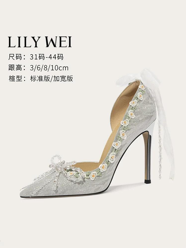 

Spring pointed silk sequin pearl rhinestone bow single shoes thin high heel banquet dress large size small size women's sandals