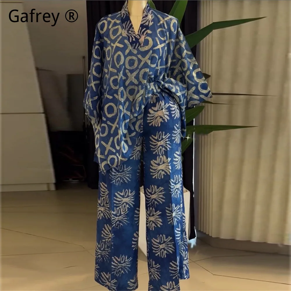 Women Sweet Fresh Floral Print V-Neck Batwing Sleeve Top High Waist Straight Leg Pants Set Summer Casual Two Piece Outfit