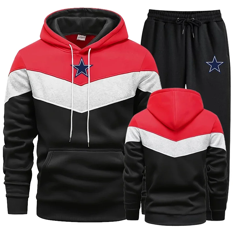 Autumn Winter Mens Tracksuit Print Tricolor Hooded Sweatshirts+Black Jogging Pants 2 Piece Set High Quality Warm Casual Clothing