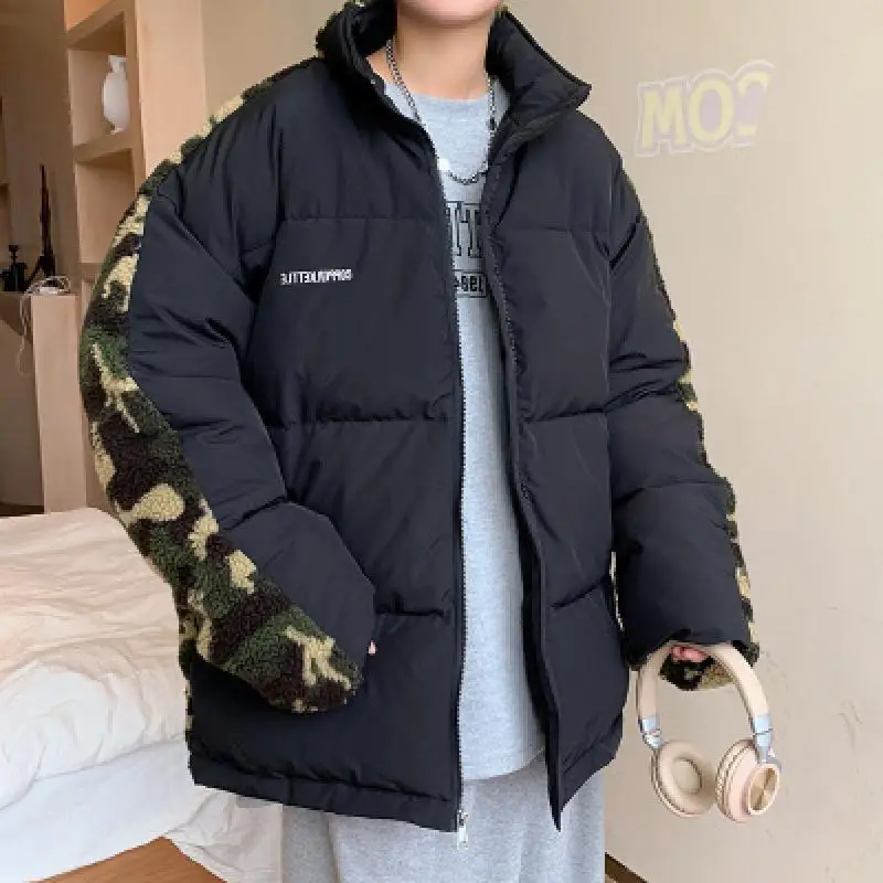 

Thicken Spliced Men Winter Polar Fleece Jackets Coat Stand Collar Oversize Parkas Korean Style Male Padded Warm