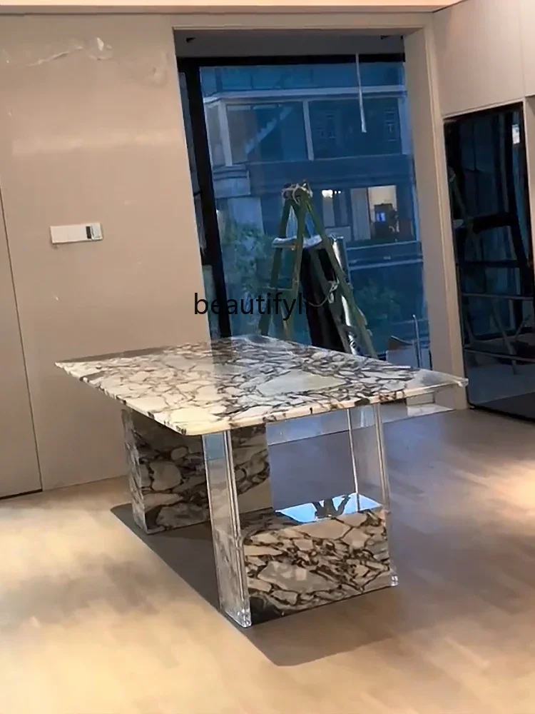 

A13 Cream Style Rectangular Italian Minimalist Luxury Stone Dining Table Ocean Storm Suspension Natural Marble Acrylic Dining Ta