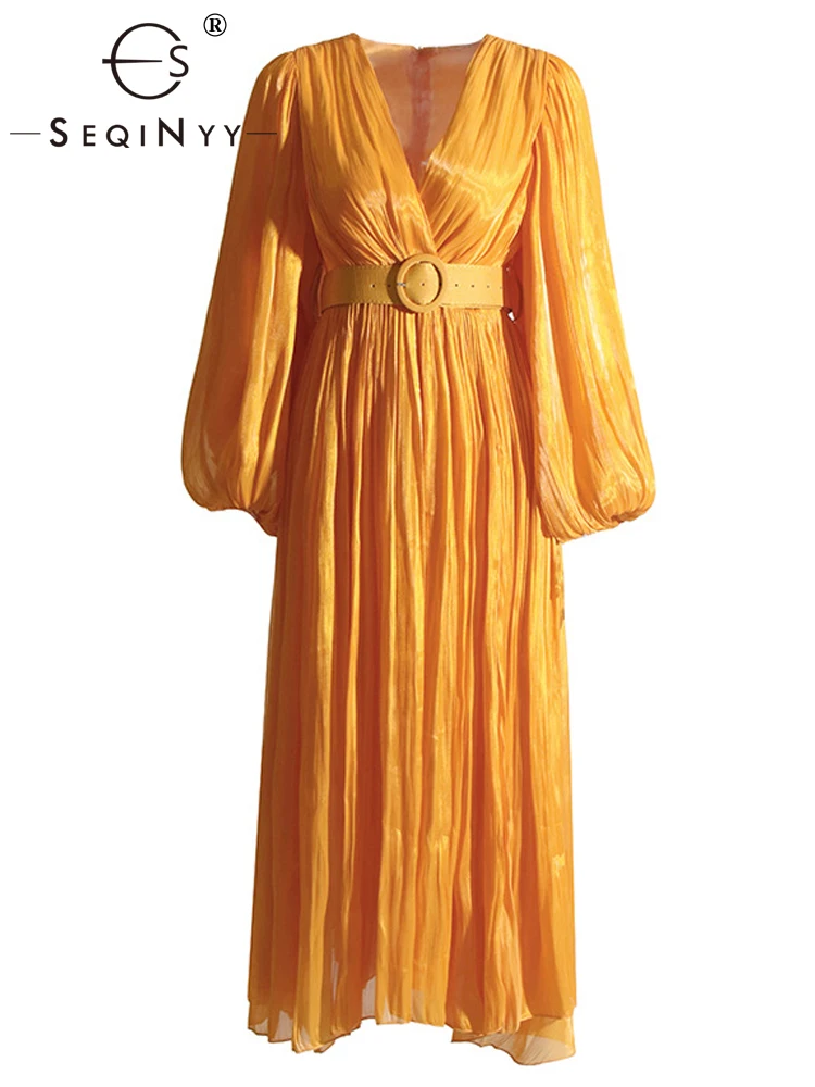 

SEQINYY Elegant Midi Dress Summer Spring New Fashion Design Women Runway Lantern Sleeve Pleated High Street Holiday Belt Casual