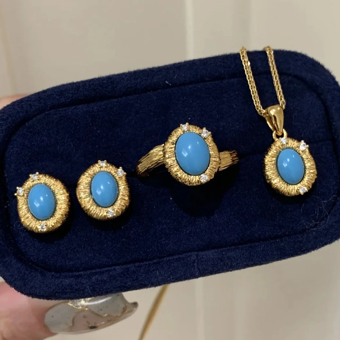 Vintage brushed turquoise necklace rings earrings for women fashion antique gold crafts diamond inlay blue fashion jewelry sets