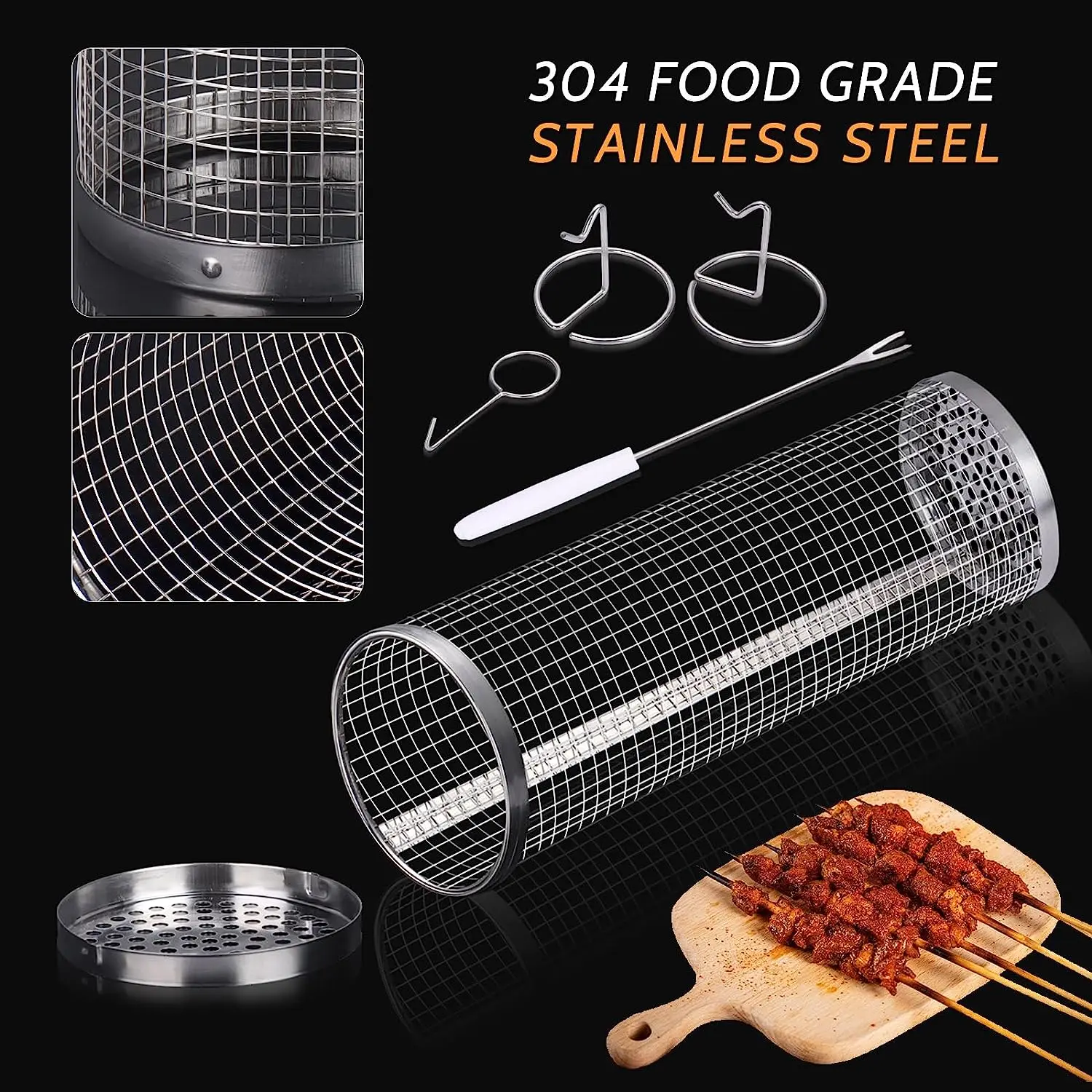 Grill Basket Rolling Grilling Basket Camping Barbecue Rack Stainless Steel Round Grill Mesh Picnic Camping BBQ Tools